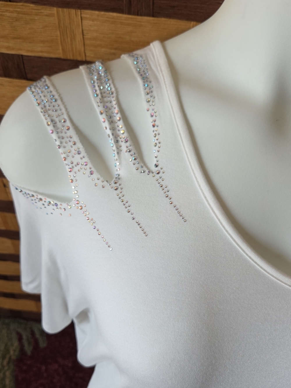 Women's White Cold-Shoulder V-Neck Top with Rhinestone Detail